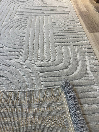 MİLAS C42 GRİ Kabartmalı Modern Geometrik Desenli Salon Koridor Mutfak Halısı-KP