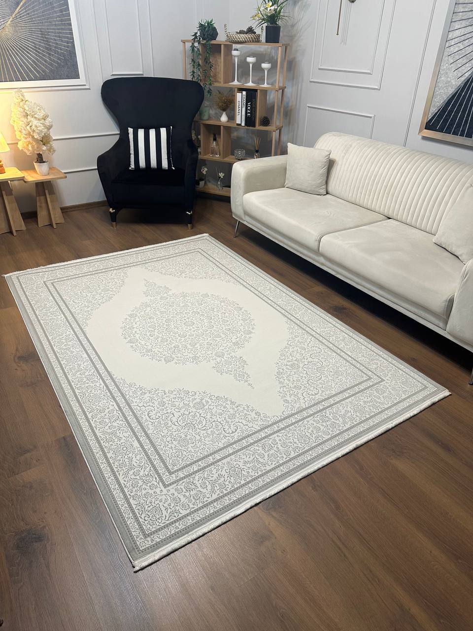 SÜMER 8039-G GÜMÜŞ Kaymaz Taban Sentetik Bambu Parlak Saten Salon Koridor Mutfak Halısı-KP