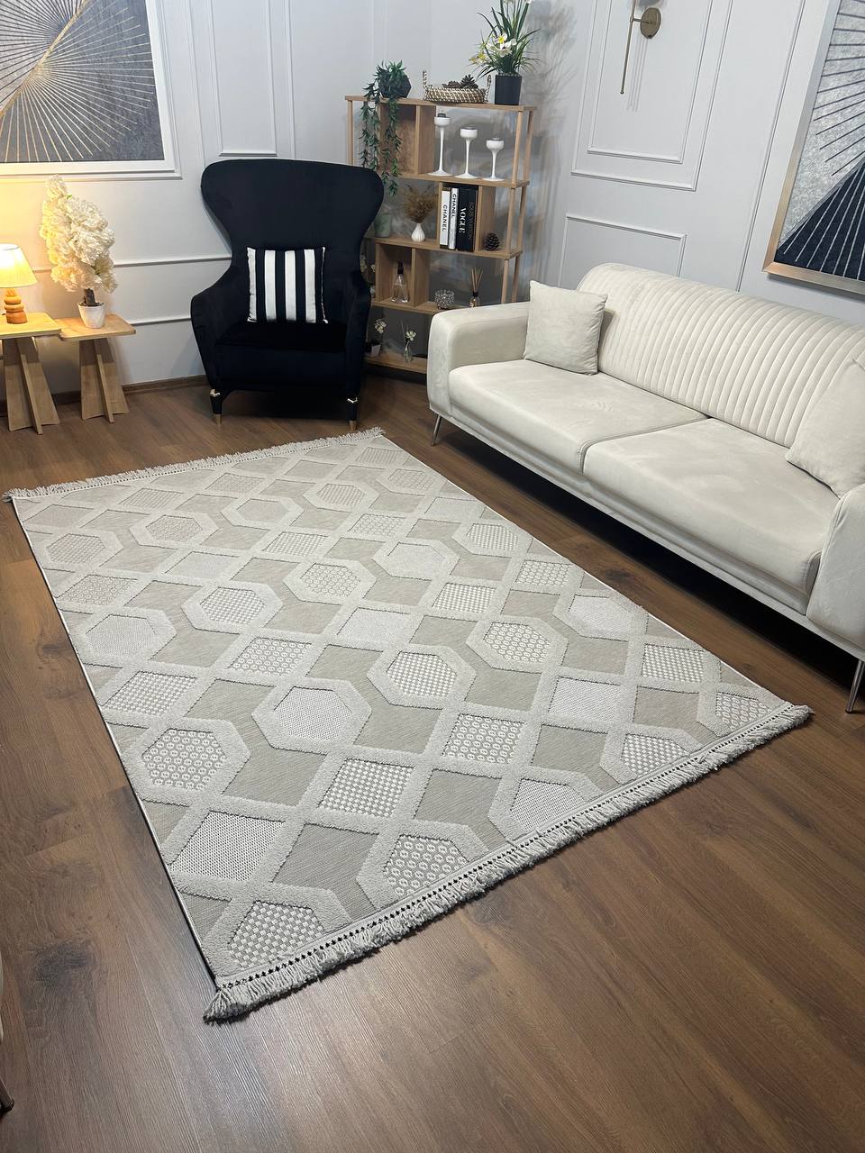 PALERMO L16 GRİ Modern Geometrik Desenli Salon Mutfak Koridor Halısı-KP