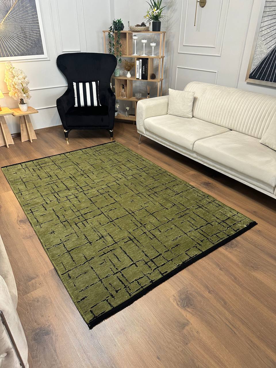 ŞÖNİL HÜNKAR YEŞİL Kaymaz Taban İskandinav Desenli Salon Koridor Mutfak Şönil Kilim Dokuma Halı-KP