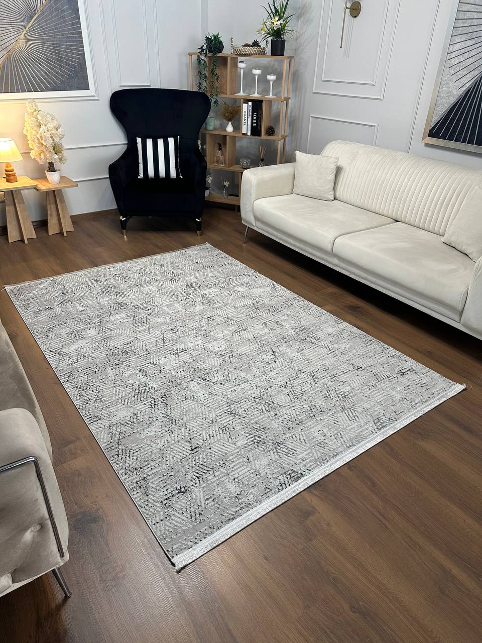 SÜMER KP-154 GRİ KREM Kaymaz Taban Sentetik Bambu Parlak Saten Salon Koridor Mutfak Halısı-KP