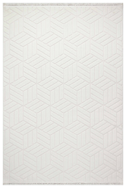 MİLAS T-LO67 KREM Kabartmalı Modern Geometrik Desenli Salon Koridor Mutfak Halısı