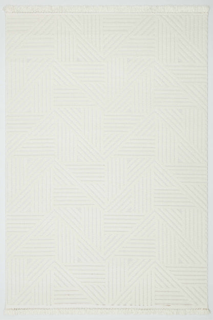 MİLAS C12-KREM Kabartmalı Modern Geometrik Desenli Salon Koridor Mutfak Halısı