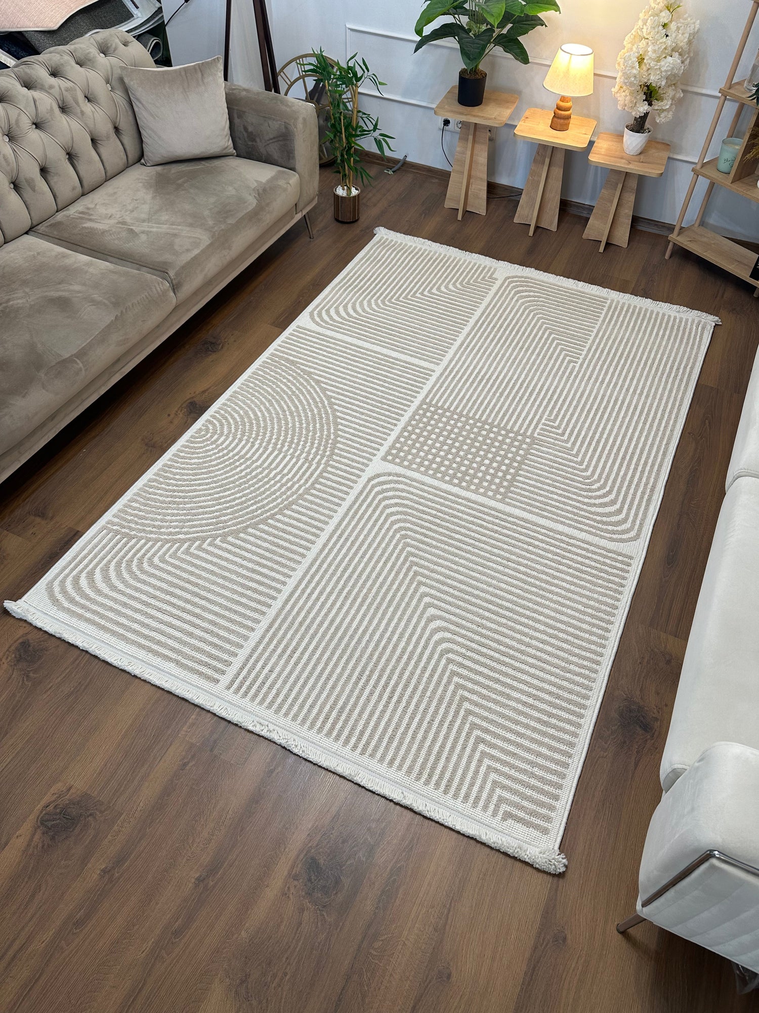 İCON T-LP03 BEJ Modern Geometrik Desenli Salon Koridor Mutfak Halısı