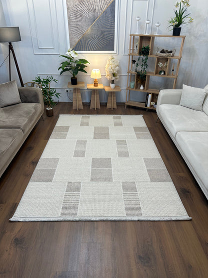 PALERMO P-URN608 KREM VİZON Kabartmalı Modern Desenli Salon Halısı