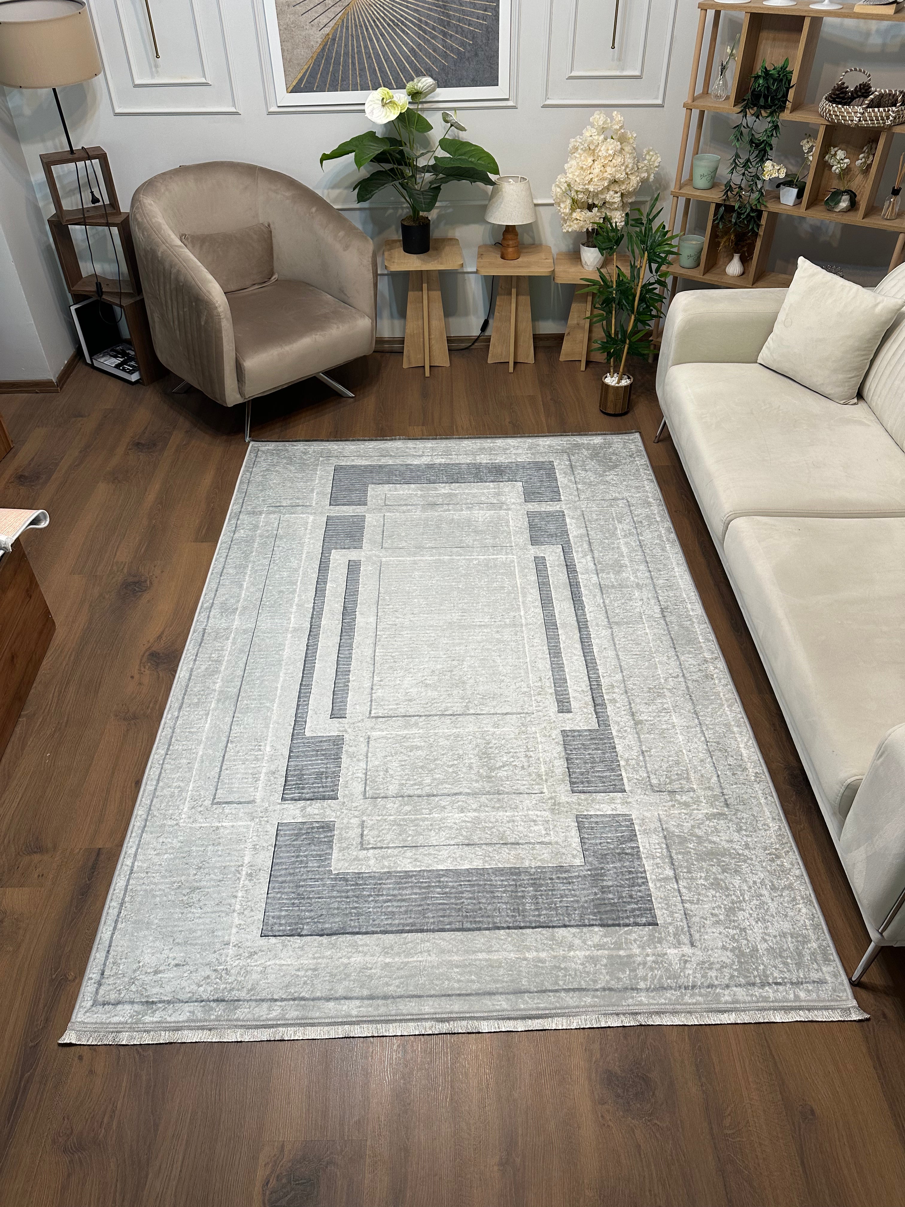 GARDEN GRİ - %100 Pamuk Dokuma Taban Makinede Yıkanabilir Kaymaz Halı