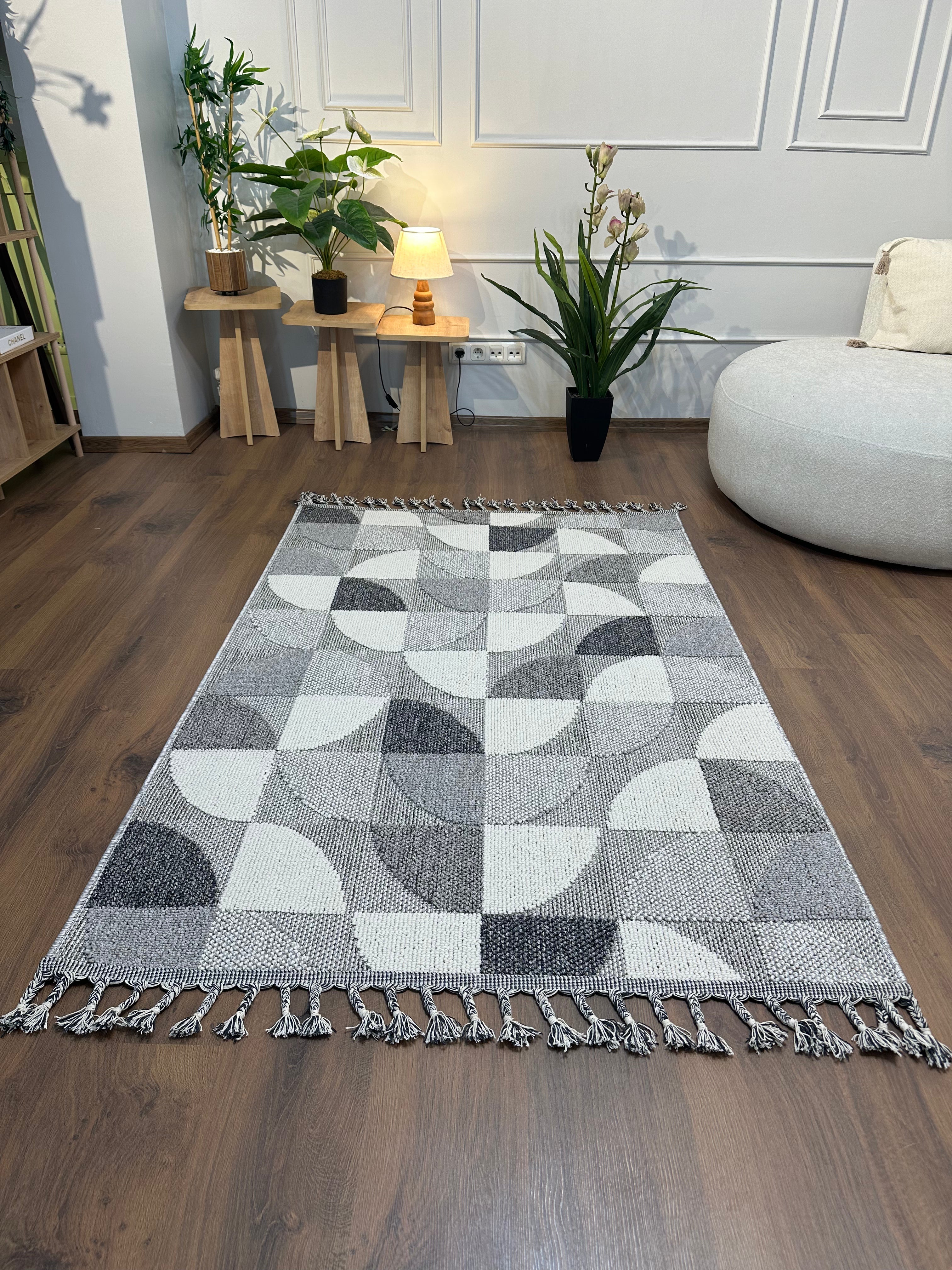 OSLO T-02 GRİ/BEYAZ Yumuşak Bukle (Loop) Dokuma Geometrik Desenli Salon Mutfak Koridor Halısı