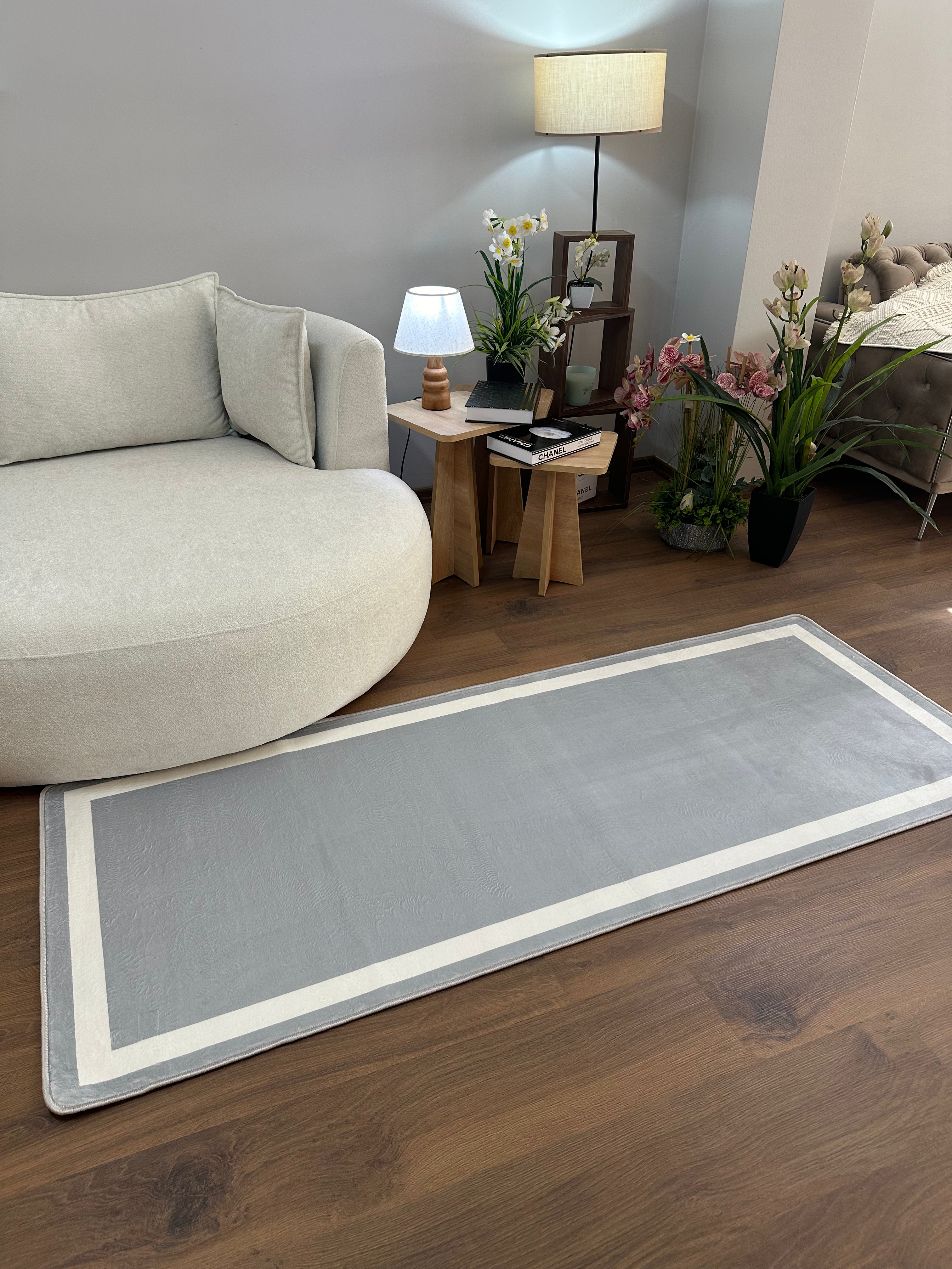 FRAME LİNE GRİ - %100 Pamuk Dokuma Taban Makinede Yıkanabilir Kaymaz Halı