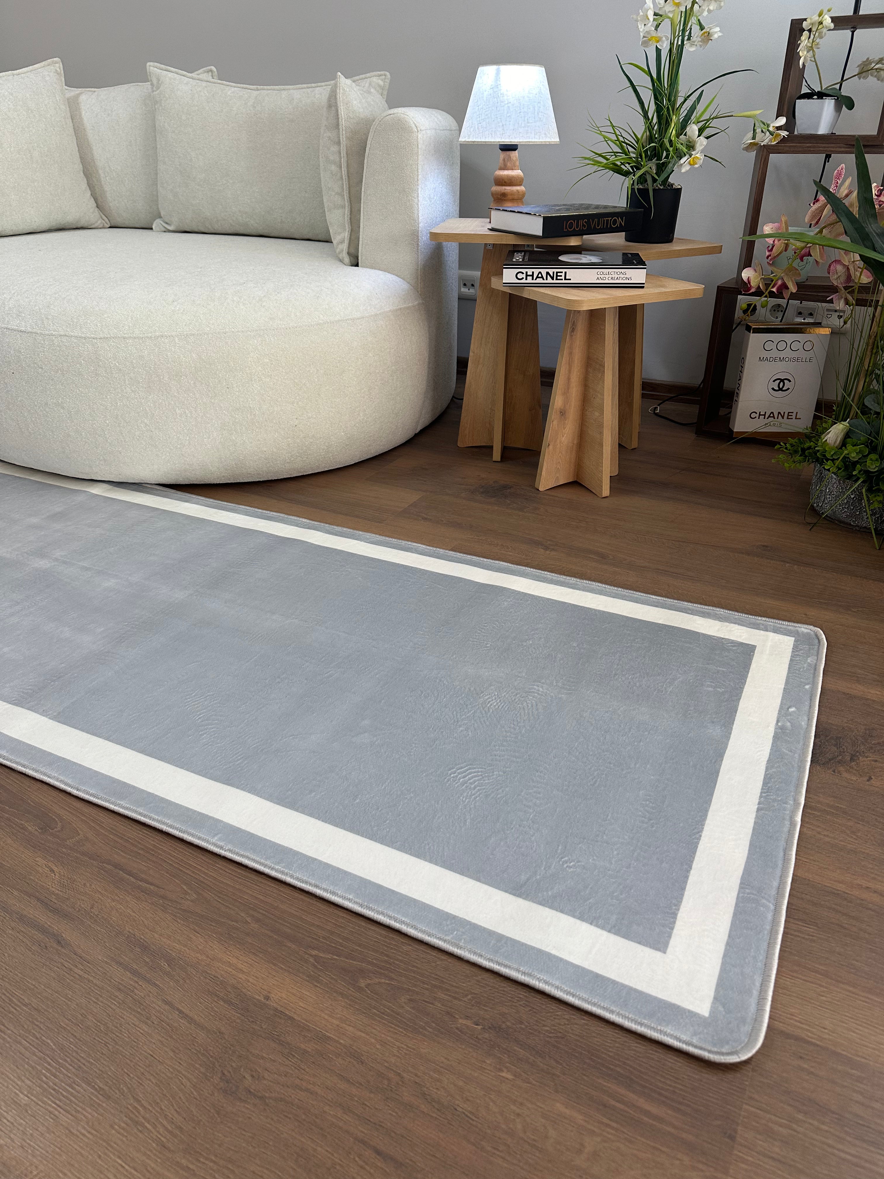 FRAME LİNE GRİ - %100 Pamuk Dokuma Taban Makinede Yıkanabilir Kaymaz Halı