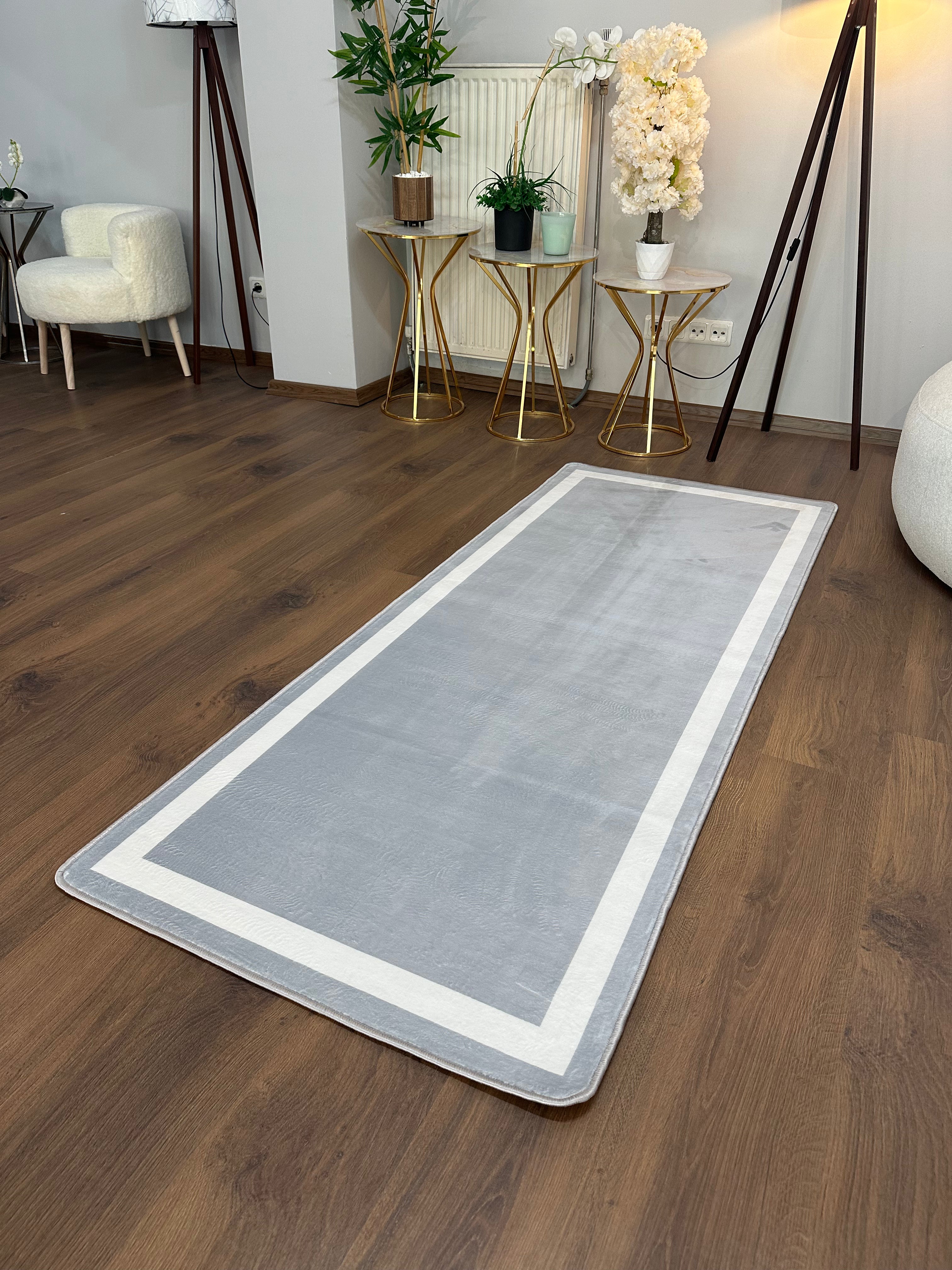 FRAME LİNE GRİ - %100 Pamuk Dokuma Taban Makinede Yıkanabilir Kaymaz Halı