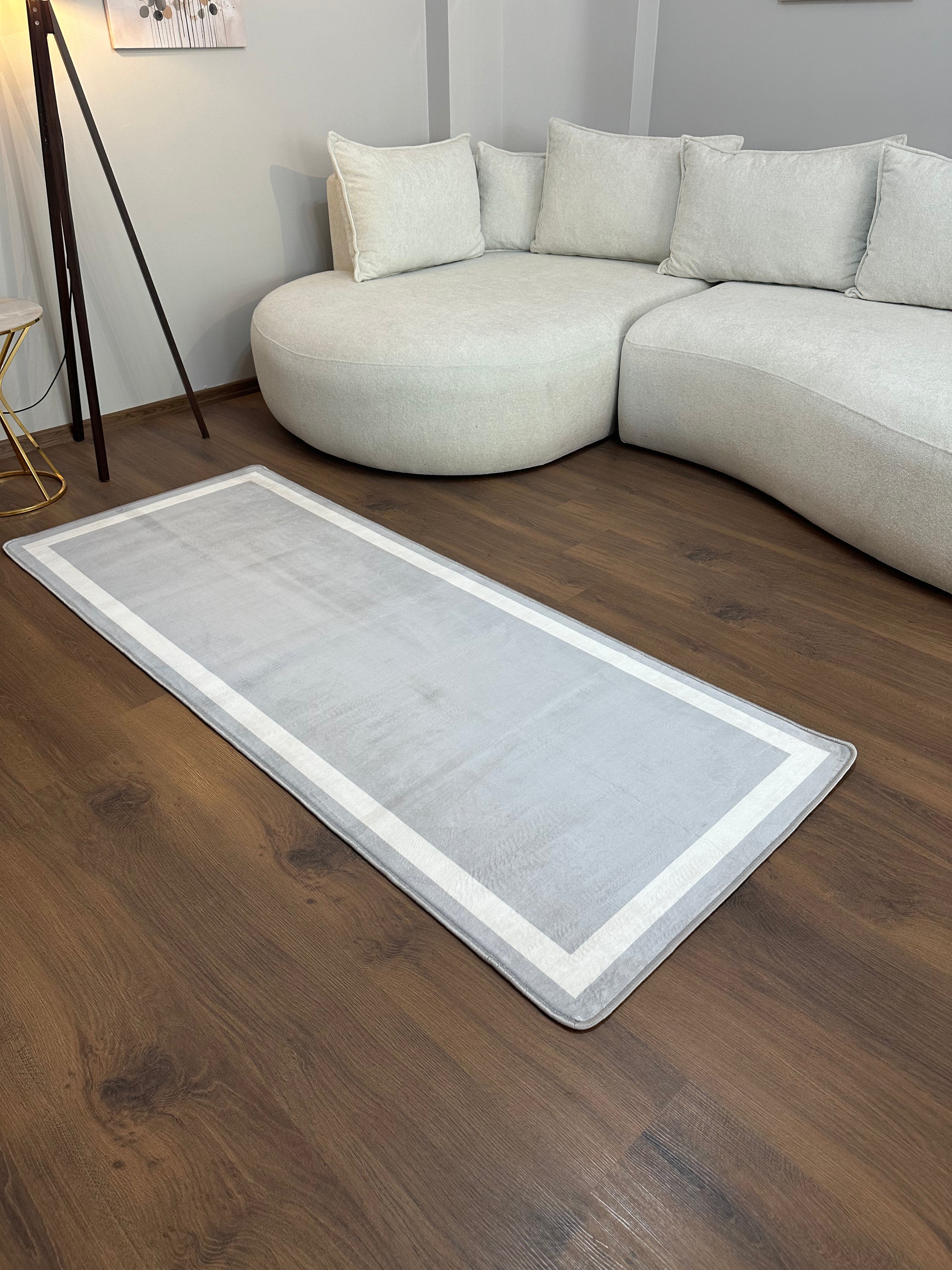 FRAME LİNE GRİ - %100 Pamuk Dokuma Taban Makinede Yıkanabilir Kaymaz Halı