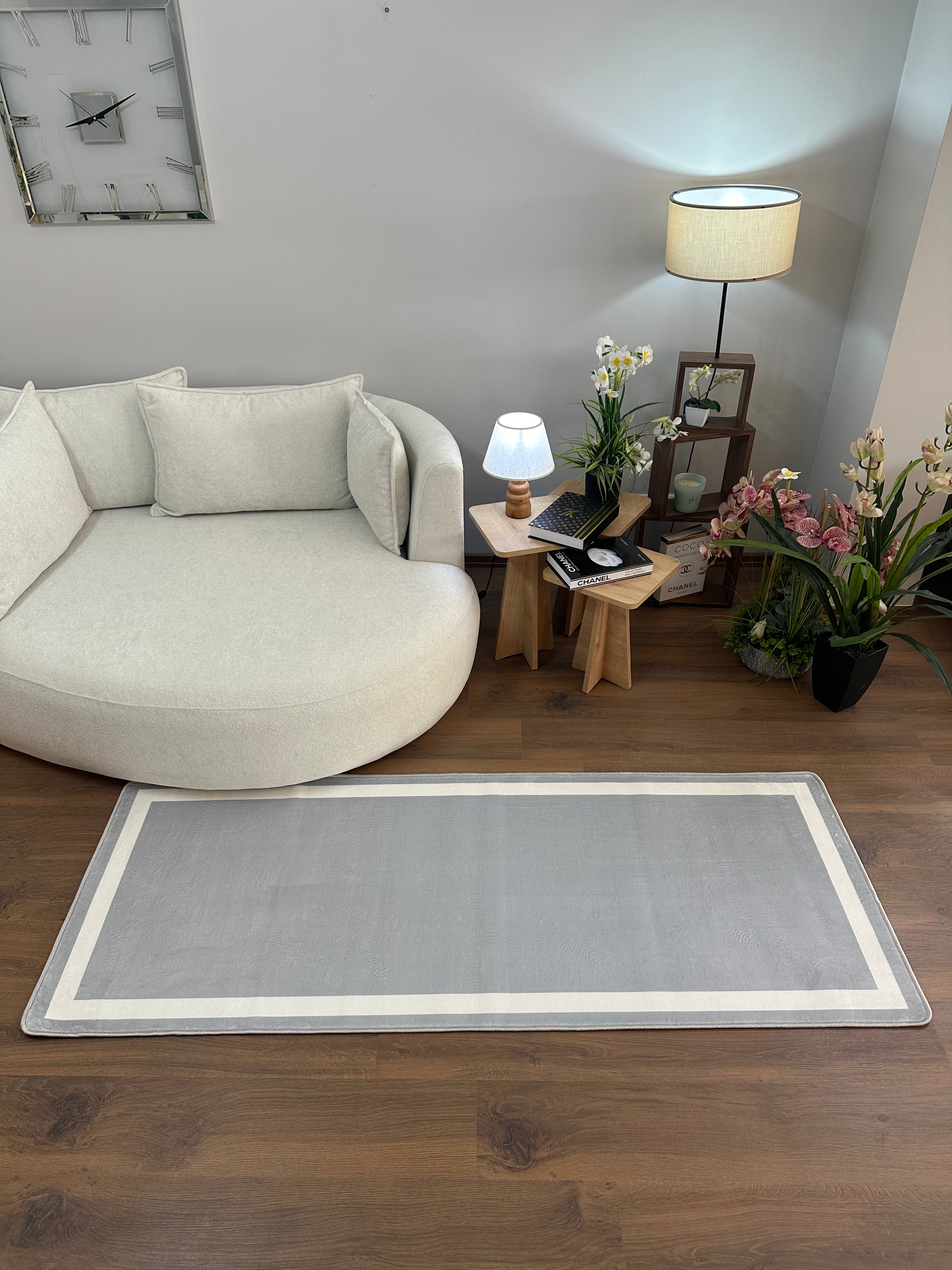 FRAME LİNE GRİ - %100 Pamuk Dokuma Taban Makinede Yıkanabilir Kaymaz Halı