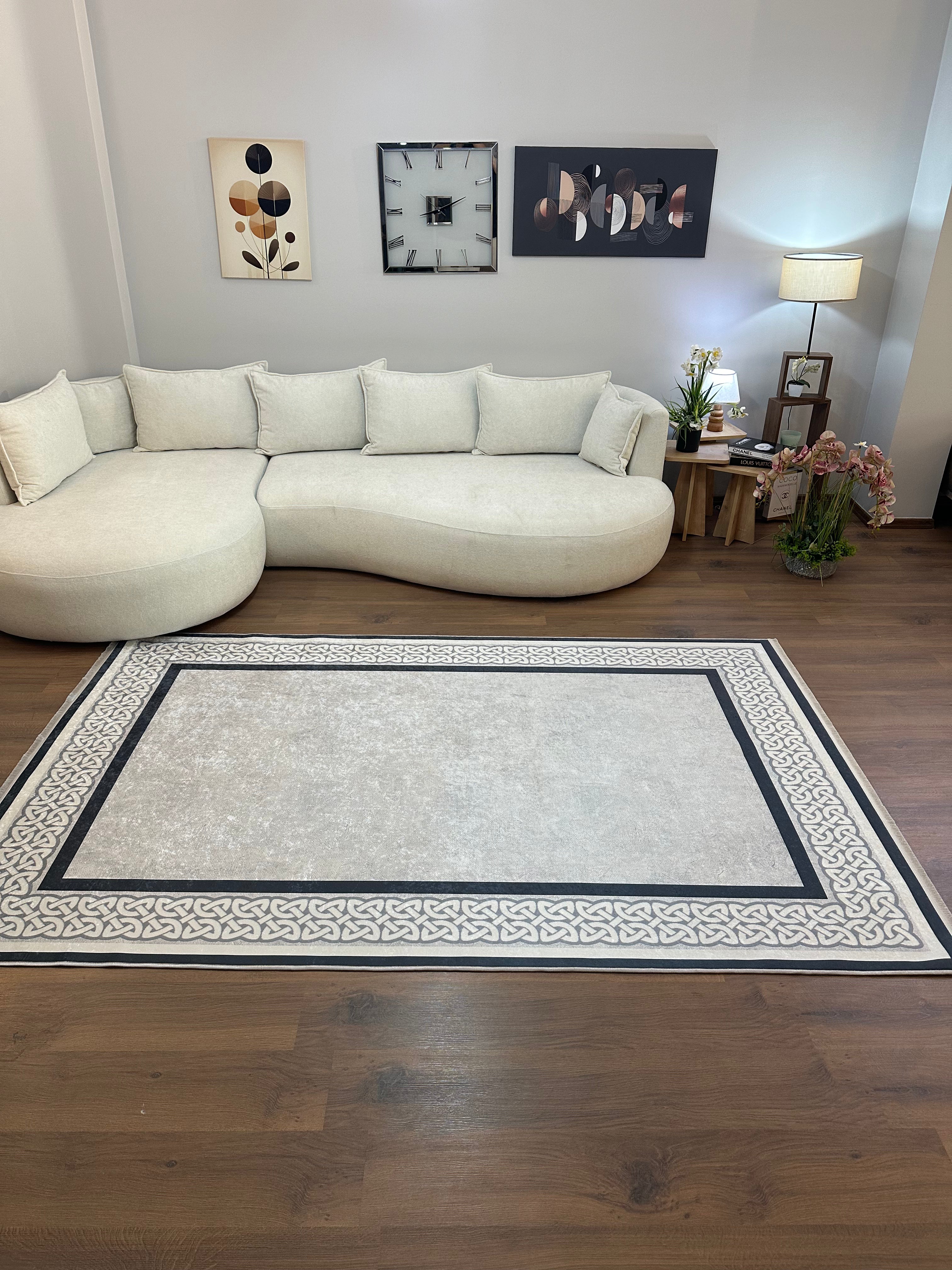 OLİVİA GRİ - %100 Pamuk Dokuma Taban Makinede Yıkanabilir Kaymaz Halı