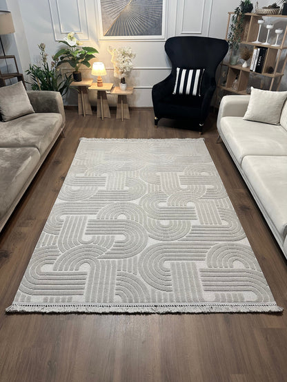 MİLAS C42-GRİ Kabartmalı Modern Geometrik Desenli Salon Koridor Mutfak Halısı