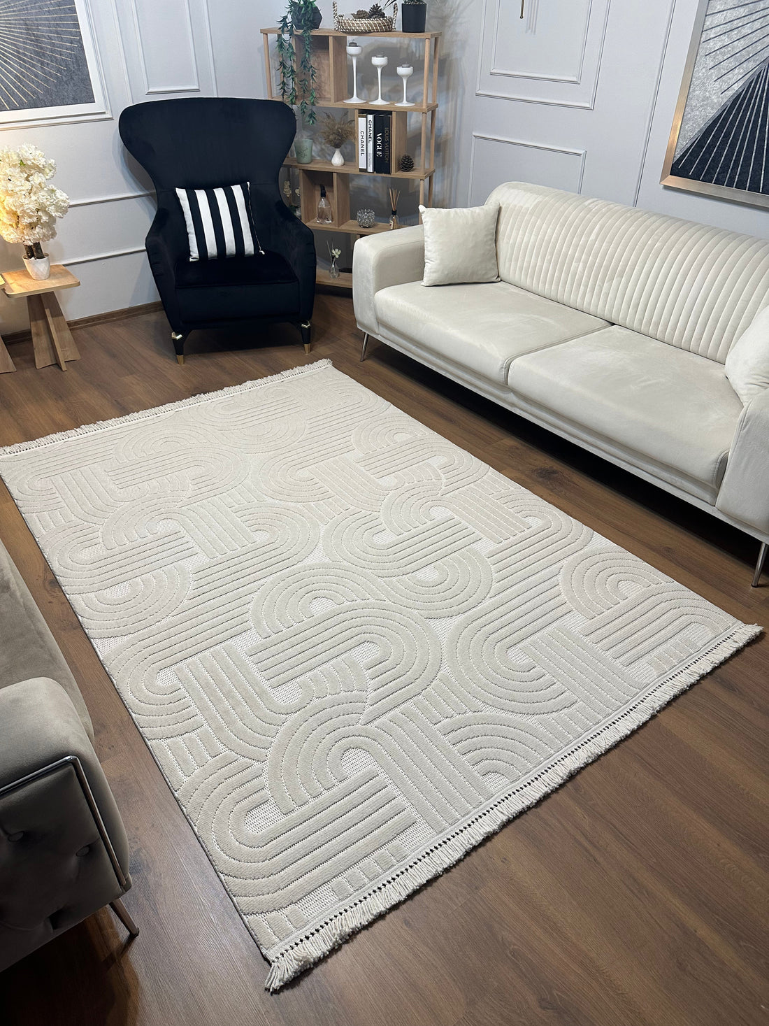 MİLAS C40-BEJ Kabartmalı Modern Geometrik Desenli Salon Koridor Mutfak Halısı
