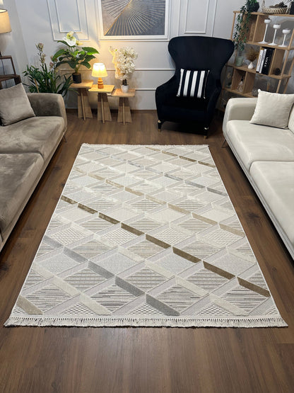 İCON T-PE01-KREM Modern Geometrik Desenli Salon Koridor Mutfak Halısı