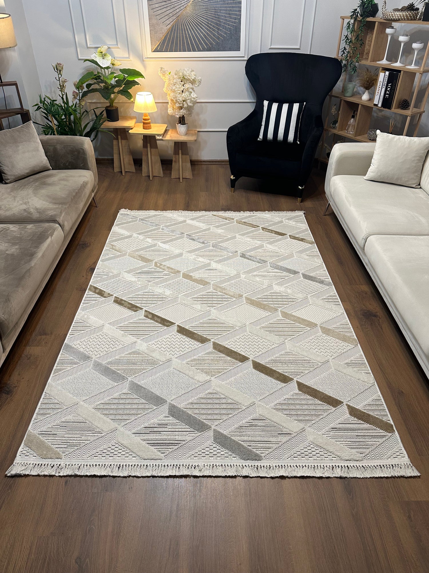 İCON T-PE01-KREM Kabartmalı Modern Geometrik Desenli Salon Halısı