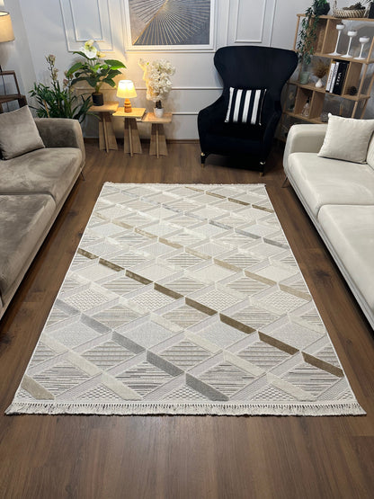 İCON T-PE01-KREM Kabartmalı Modern Geometrik Desenli Salon Halısı