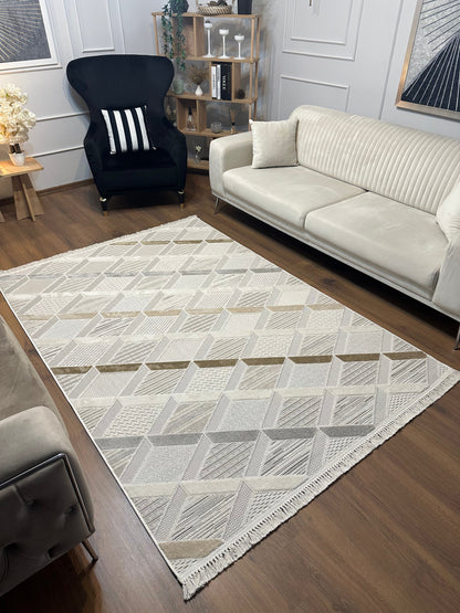 İCON T-PE01-KREM Kabartmalı Modern Geometrik Desenli Salon Halısı