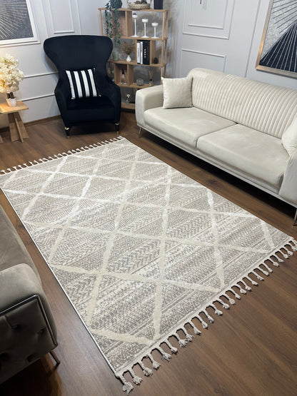 PALERMO A-10692 KREM KSık Dokuma Modern Geometrik Desenli Salon Koridor Mutfak Halısı