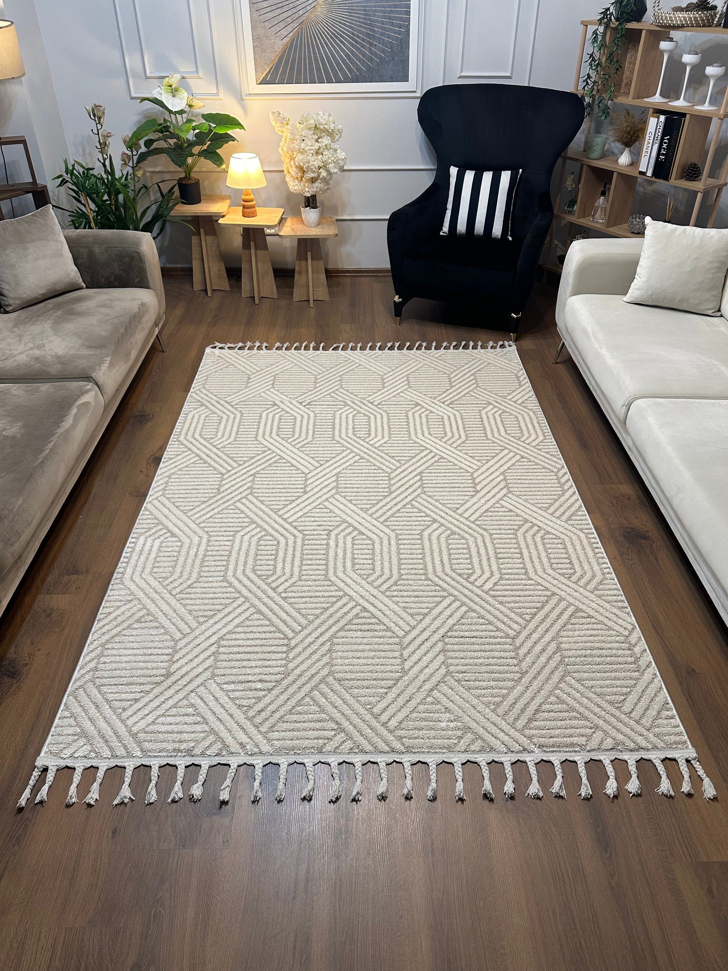 PALERMO A-10502 BEJ Sık Dokuma Modern Geometrik Desenli Salon Koridor Mutfak Halısı