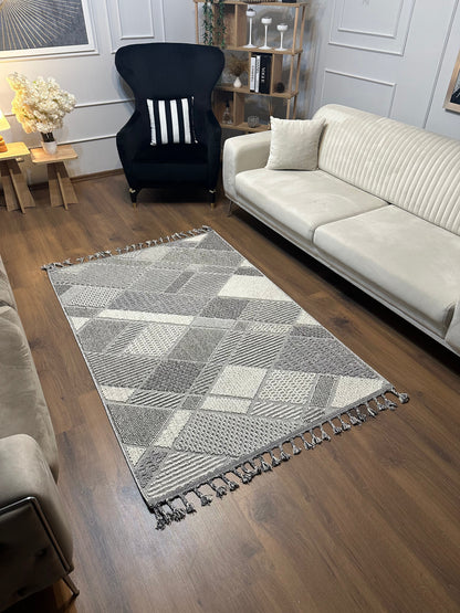 OSLO T-01 GRİ Yumuşak Bukle (Loop) Dokuma Geometrik Desenli Salon Mutfak Koridor Halısı