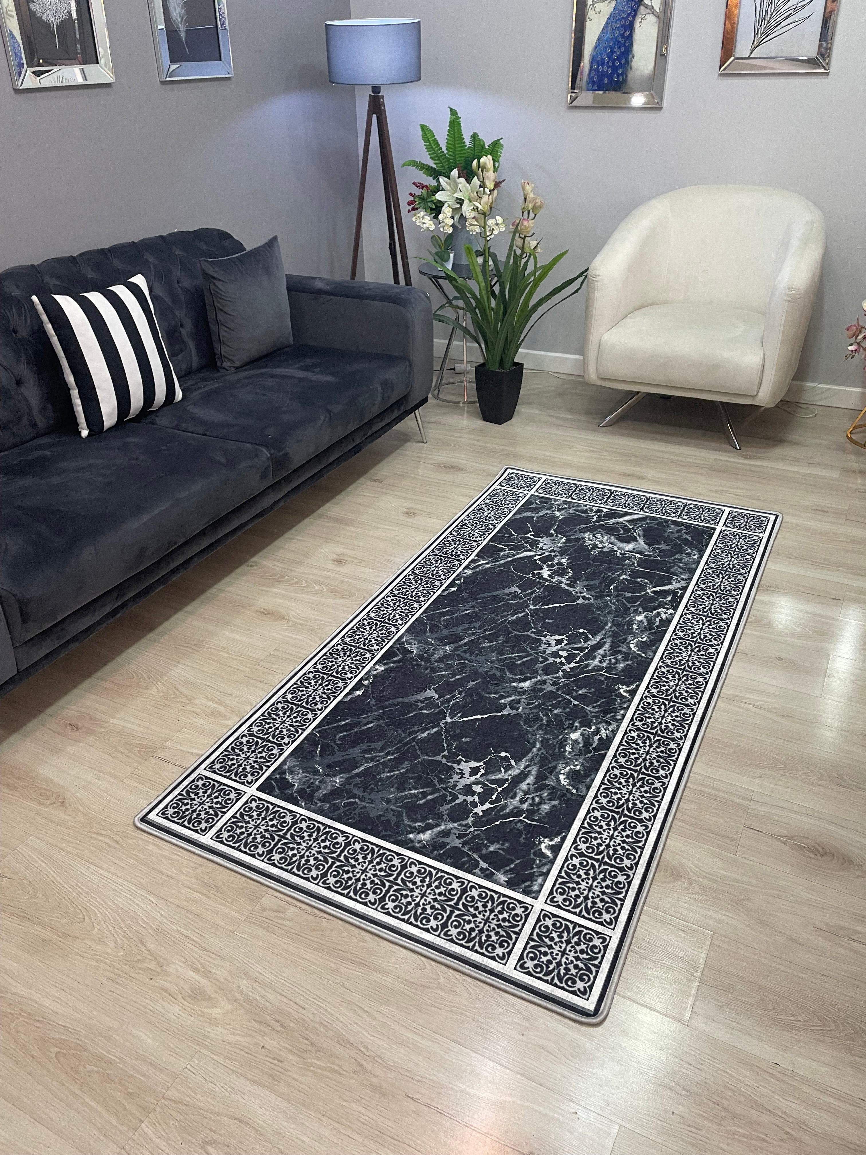 LOREN SİYAH - %100 Pamuk Dokuma Taban Makinede Yıkanabilir Kaymaz Halı