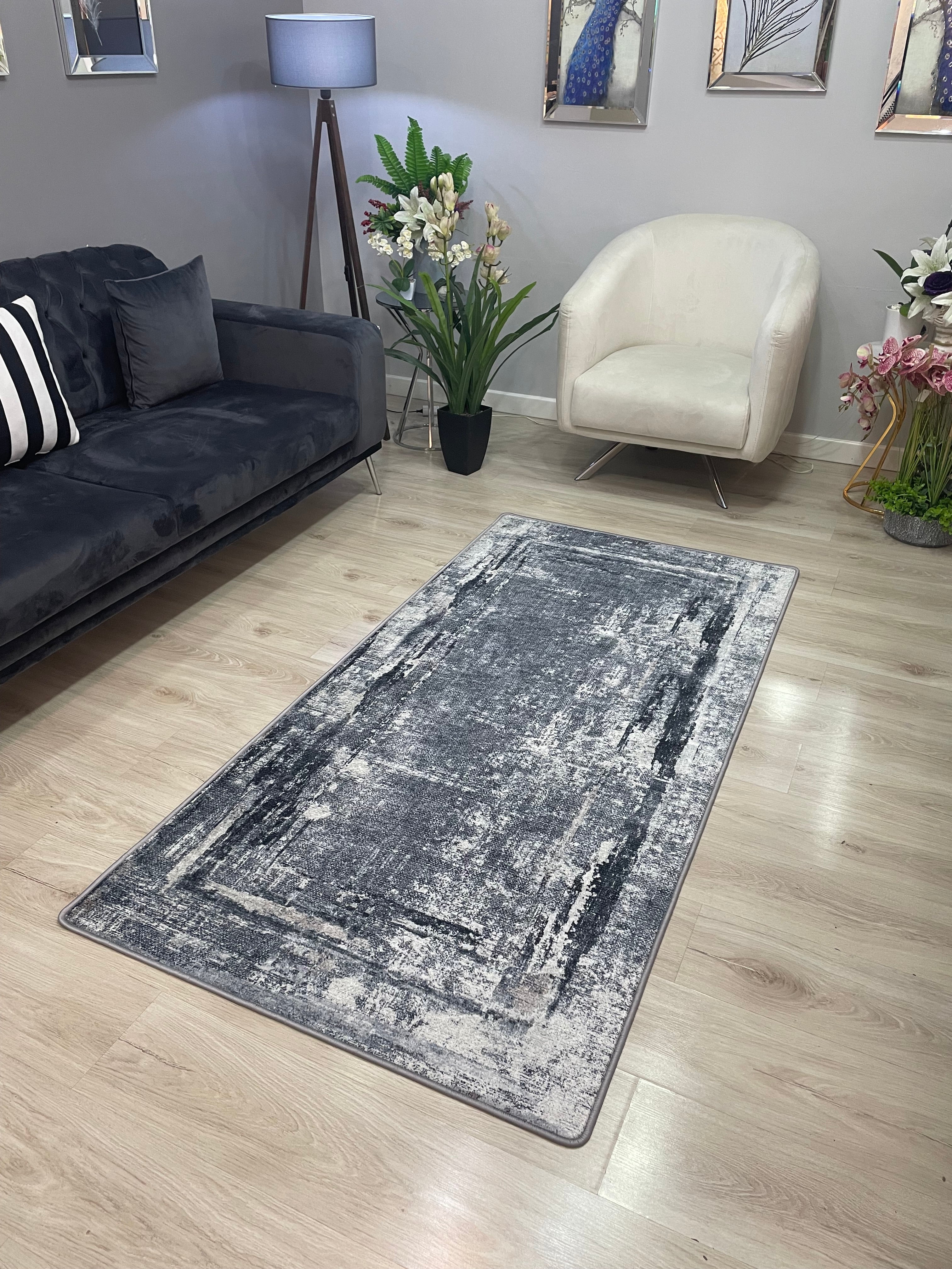 ROYAL BLACK - %100 Pamuk Dokuma Taban Makinede Yıkanabilir Kaymaz Halı