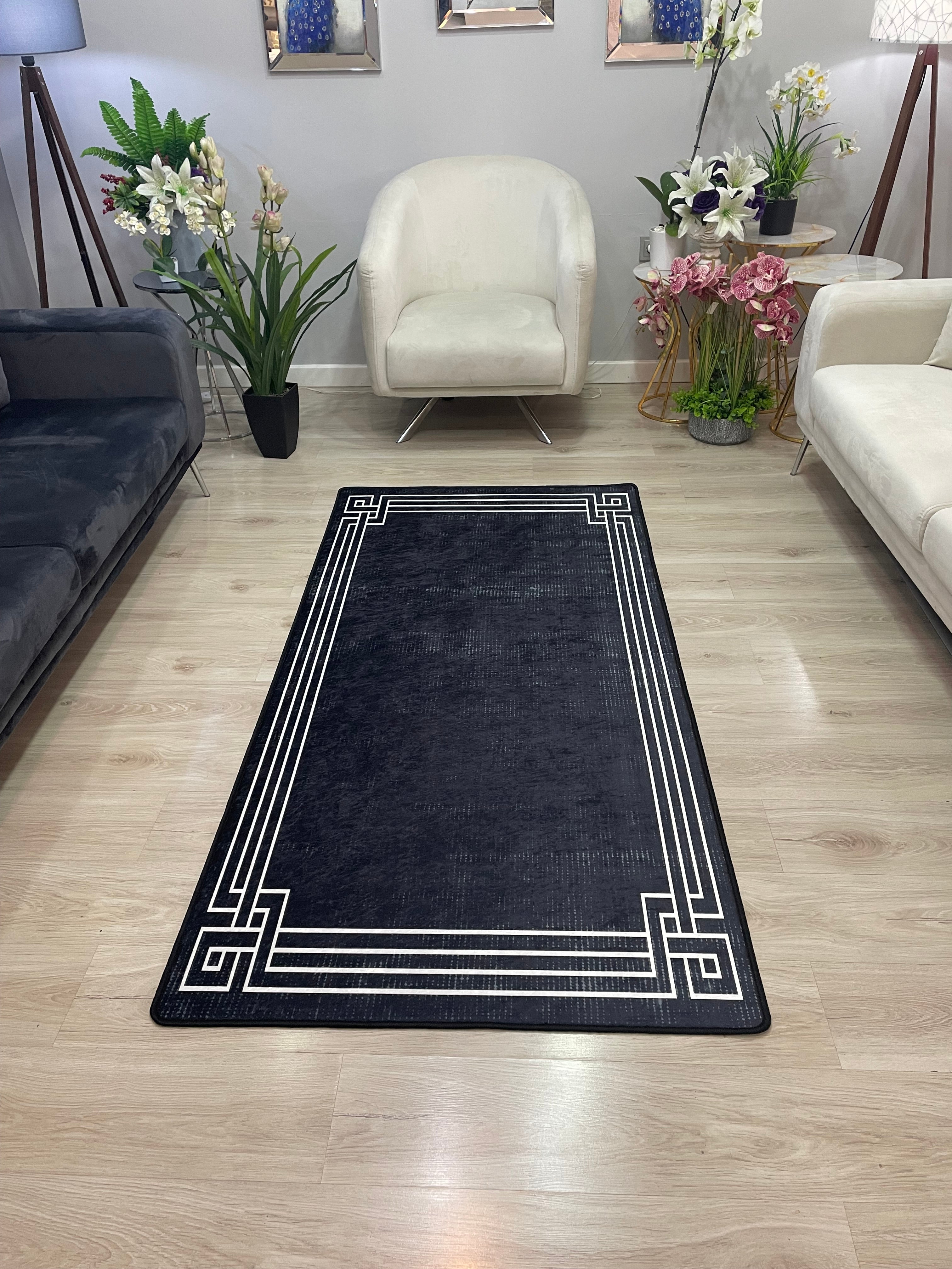 ZÜHRE ANTİK BLACK - %100 Pamuk Dokuma Taban Makinede Yıkanabilir Kaymaz Halı