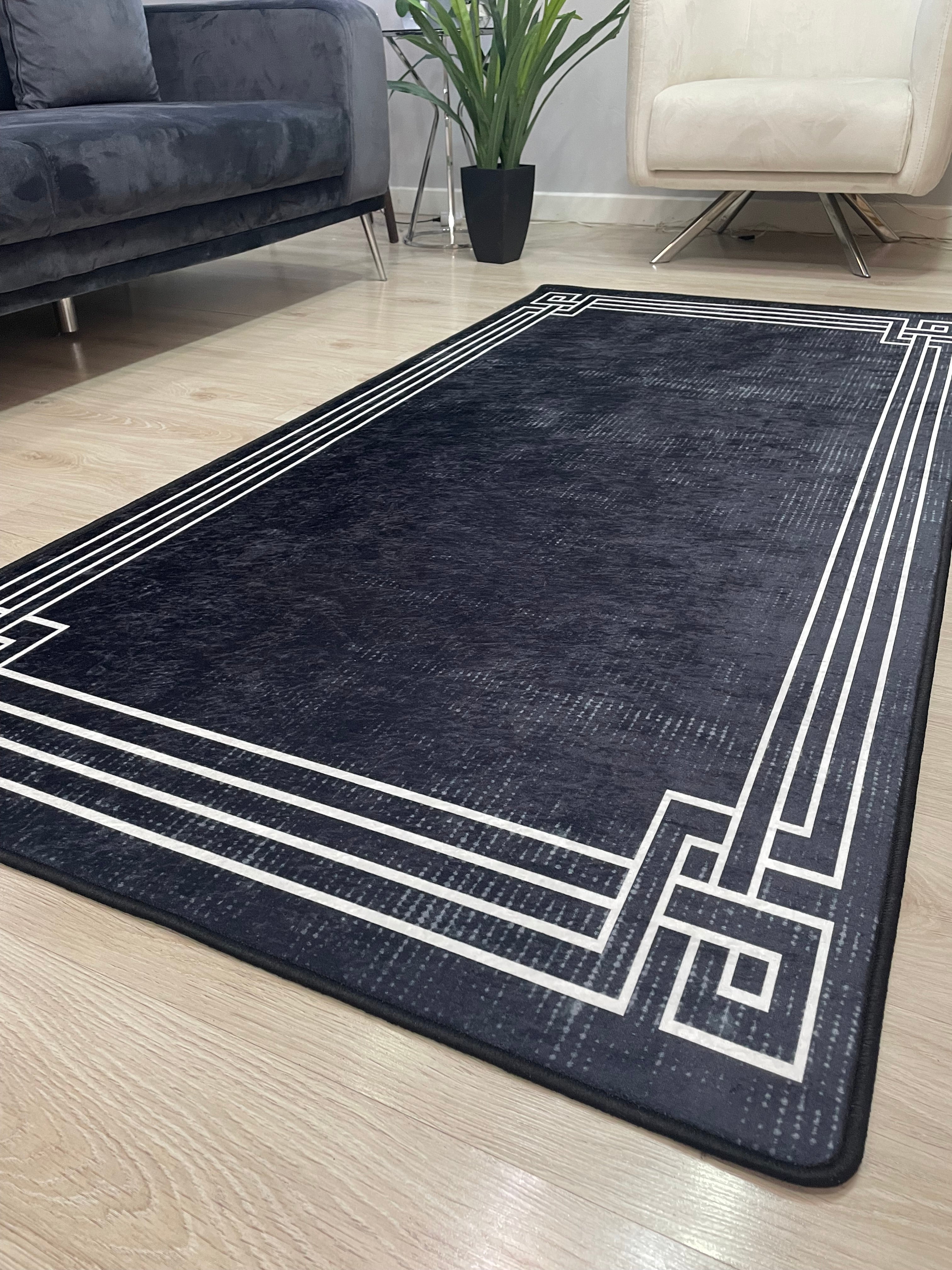 ZÜHRE ANTİK BLACK - %100 Pamuk Dokuma Taban Makinede Yıkanabilir Kaymaz Halı
