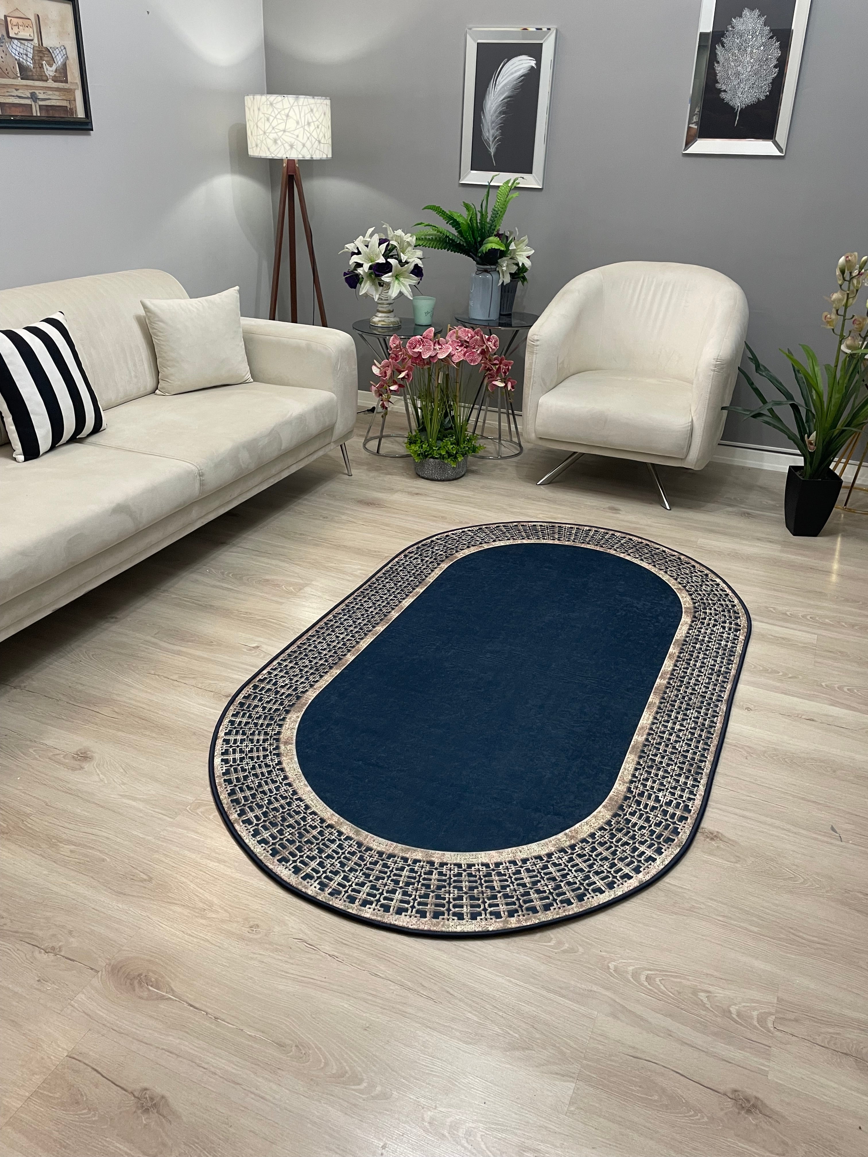 MENARİ BOLD LACİVERT - %100 Pamuk Dokuma Taban Makinede Yıkanabilir Kaymaz Halı