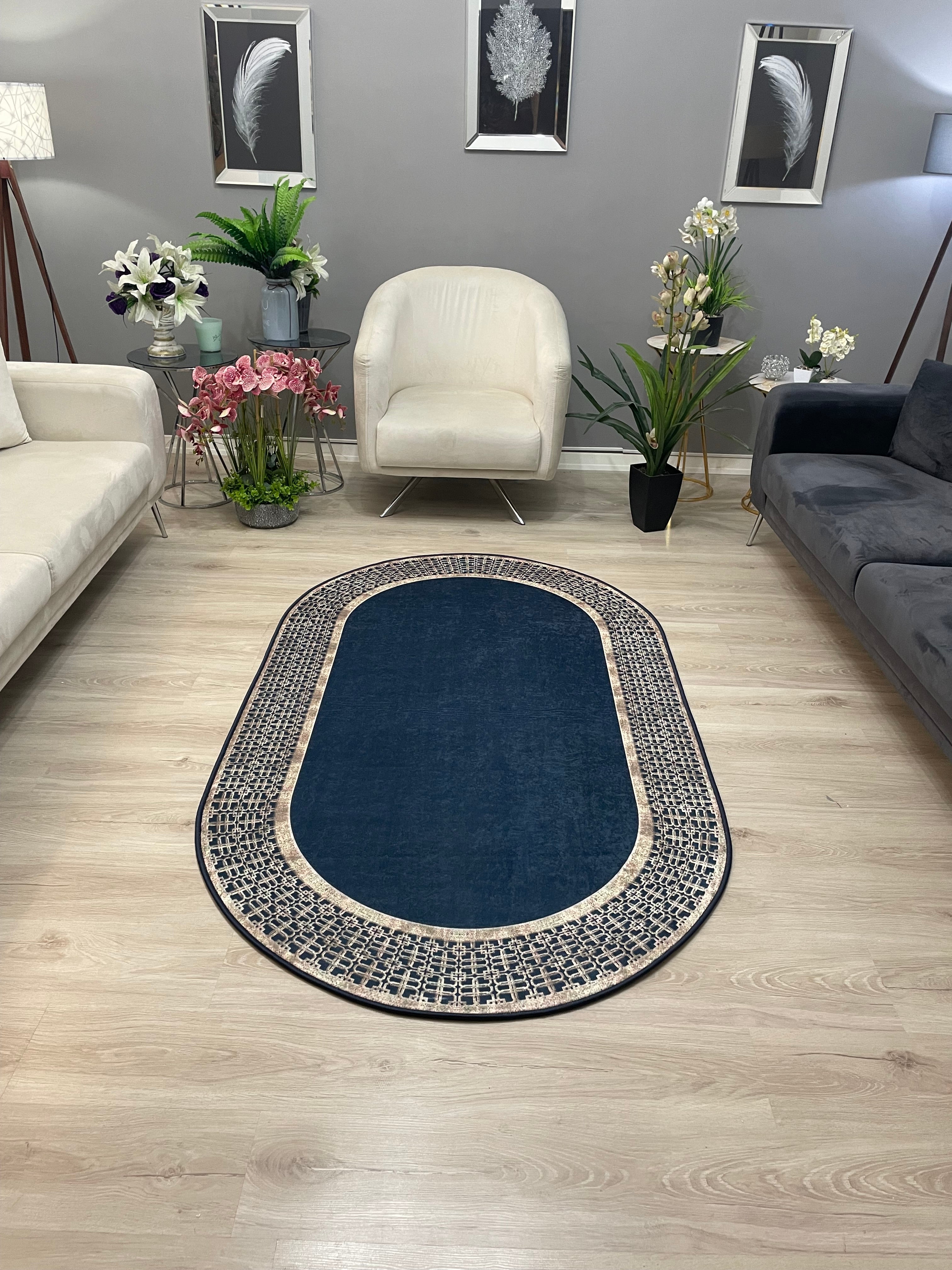 MENARİ BOLD LACİVERT - %100 Pamuk Dokuma Taban Makinede Yıkanabilir Kaymaz Halı