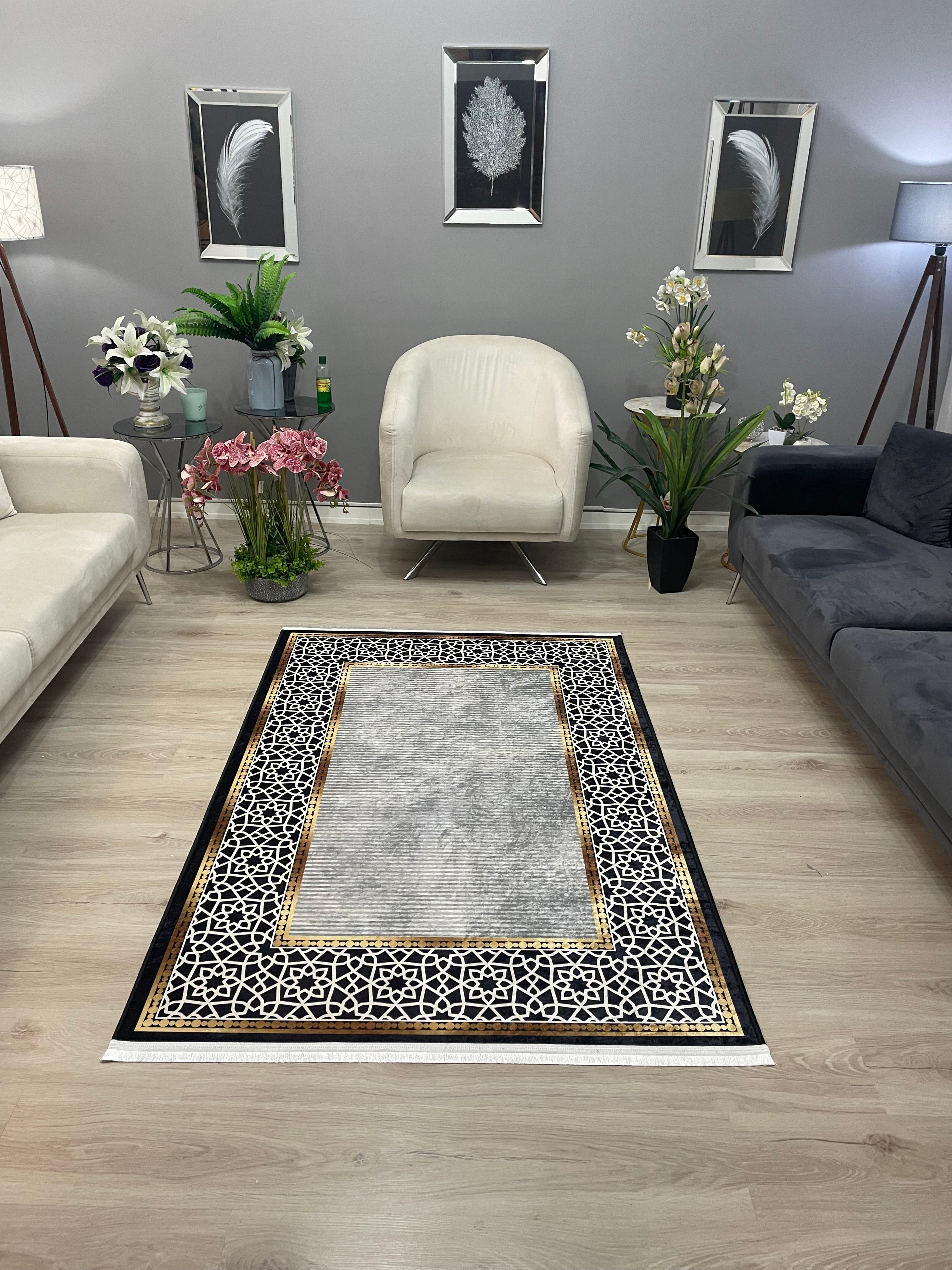 FLOWY GOLD GRİ - %100 Pamuk Dokuma Taban Makinede Yıkanabilir Kaymaz Halı
