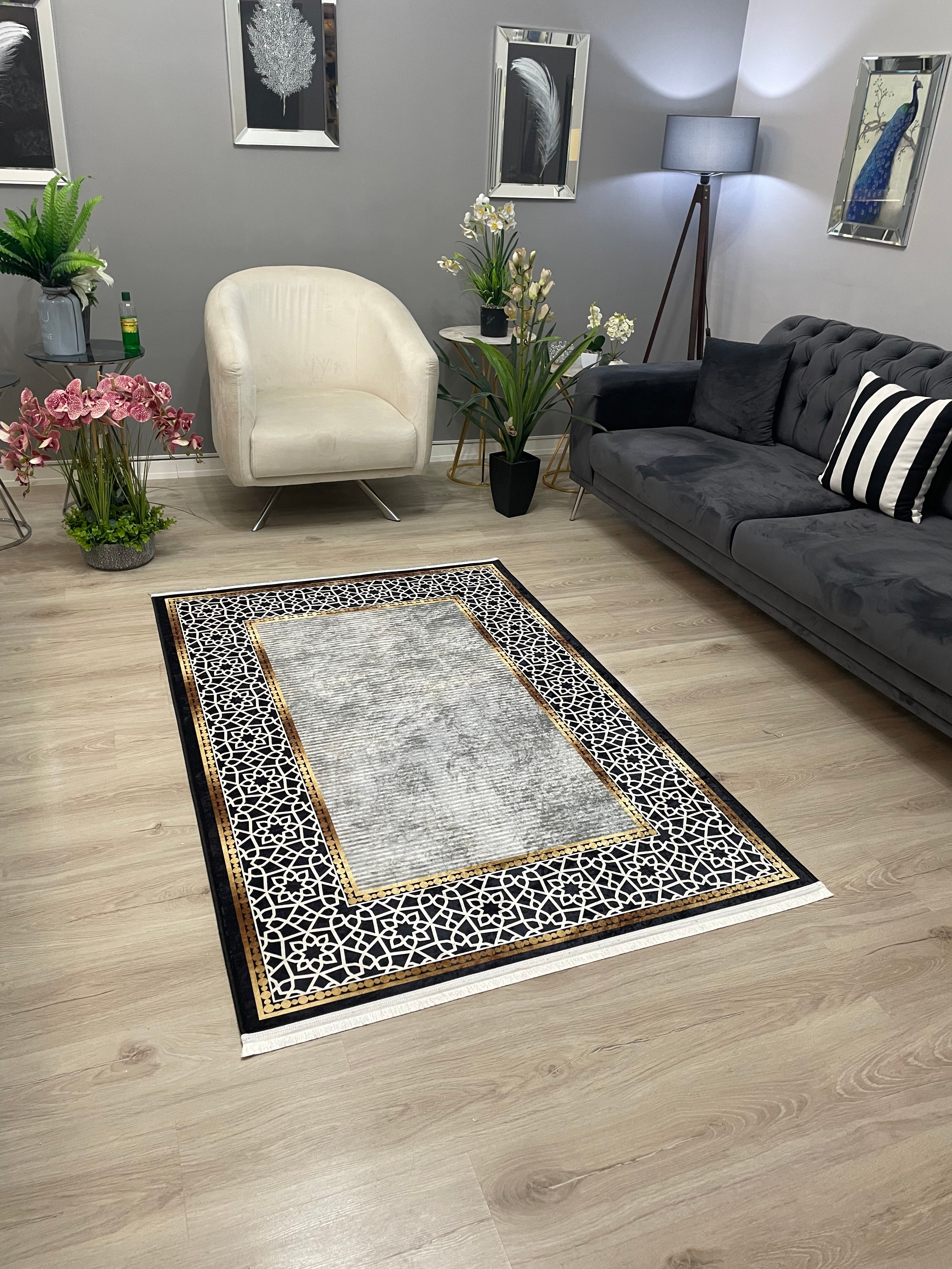 FLOWY GOLD GRİ - %100 Pamuk Dokuma Taban Makinede Yıkanabilir Kaymaz Halı