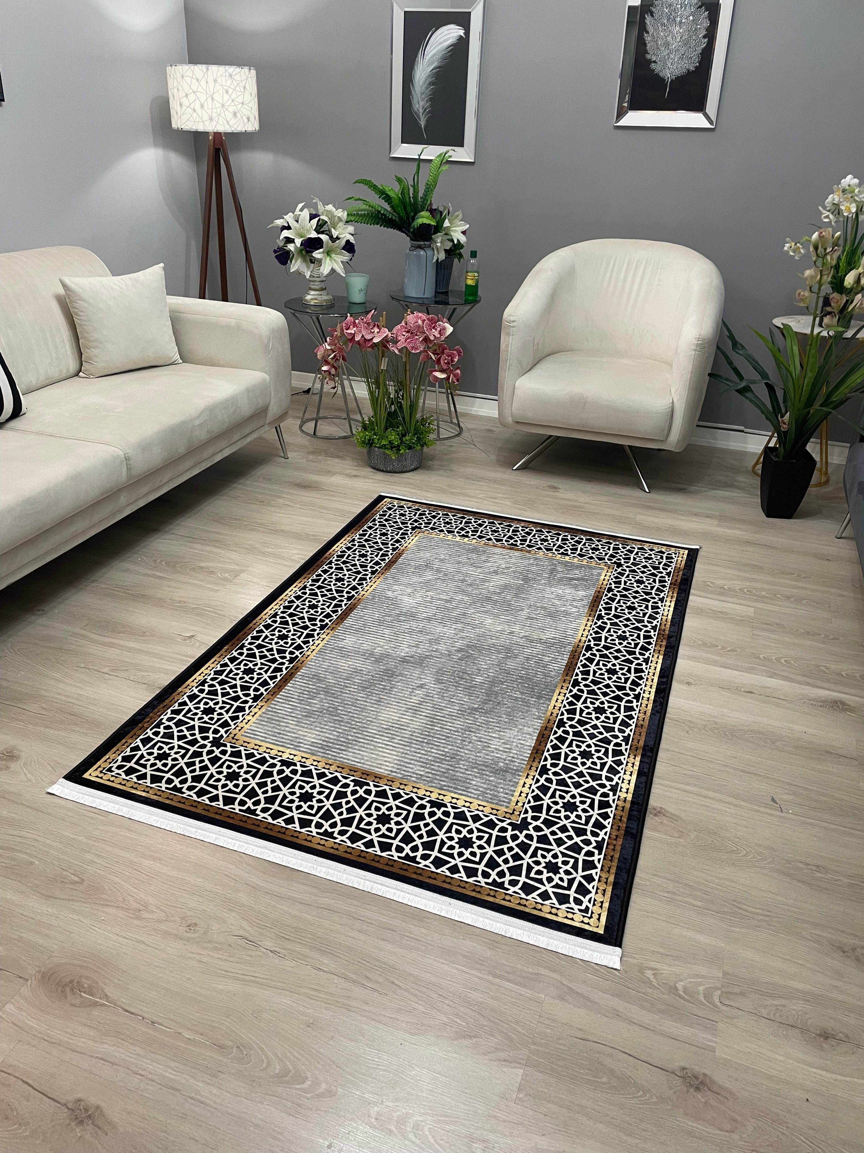 FLOWY GOLD GRİ - %100 Pamuk Dokuma Taban Makinede Yıkanabilir Kaymaz Halı