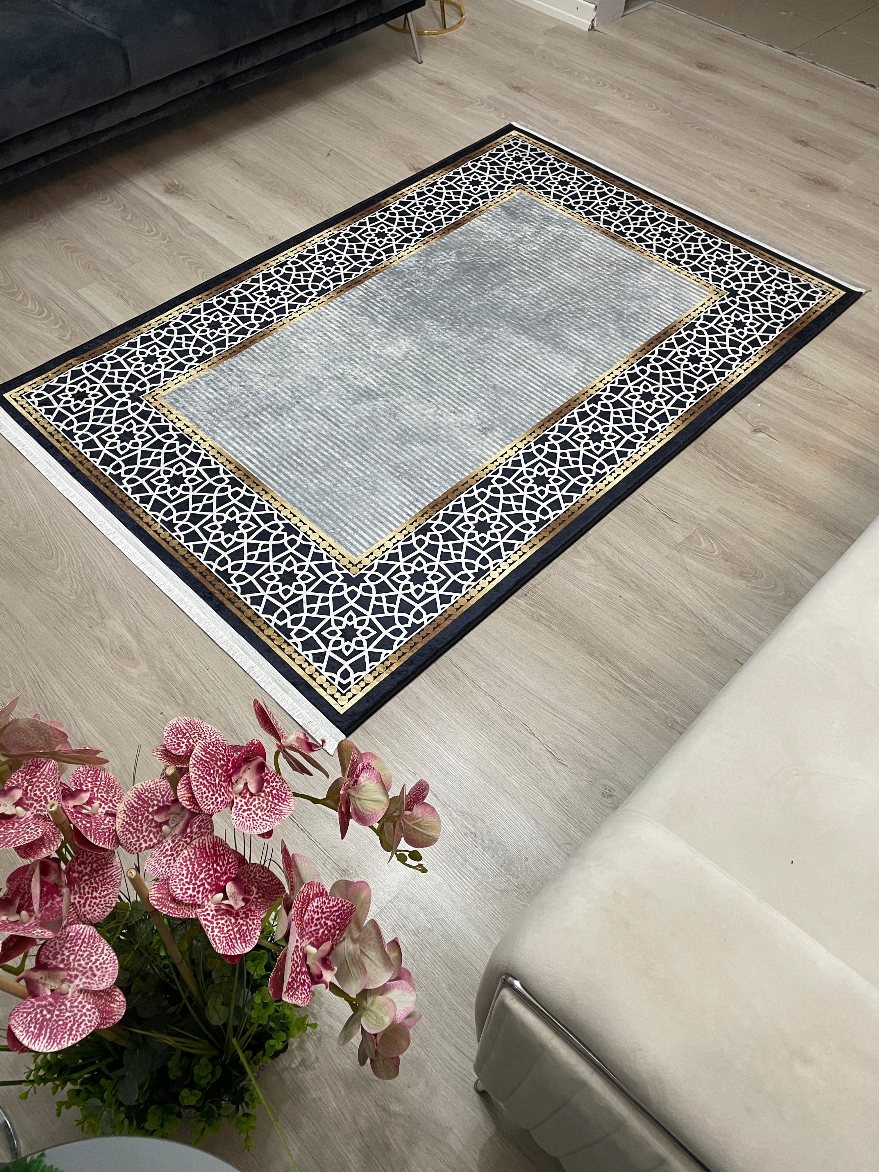 FLOWY GOLD GRİ - %100 Pamuk Dokuma Taban Makinede Yıkanabilir Kaymaz Halı