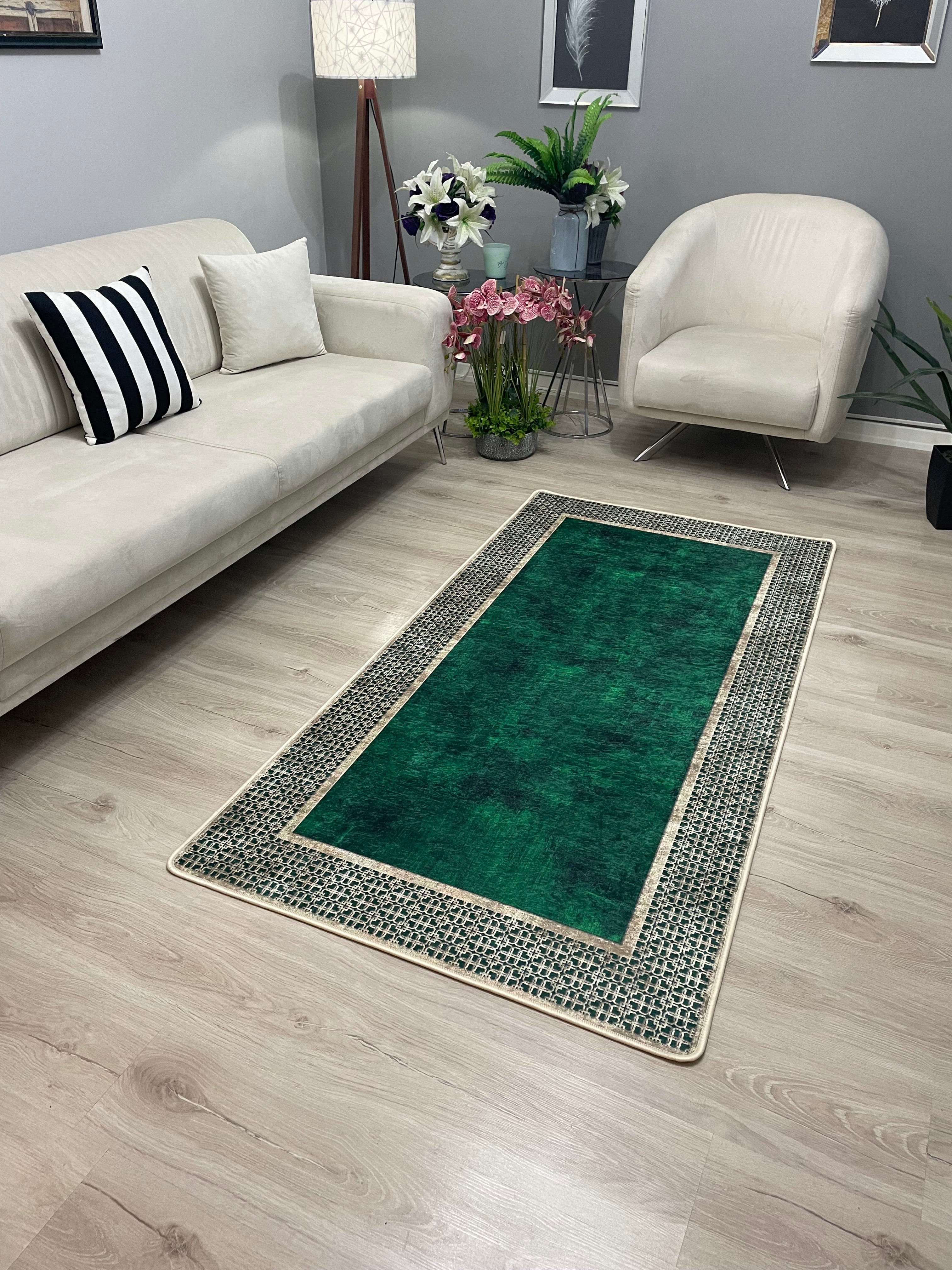 MENARİ BOLD YEŞİL - %100 Pamuk Dokuma Taban Makinede Yıkanabilir Kaymaz Halı