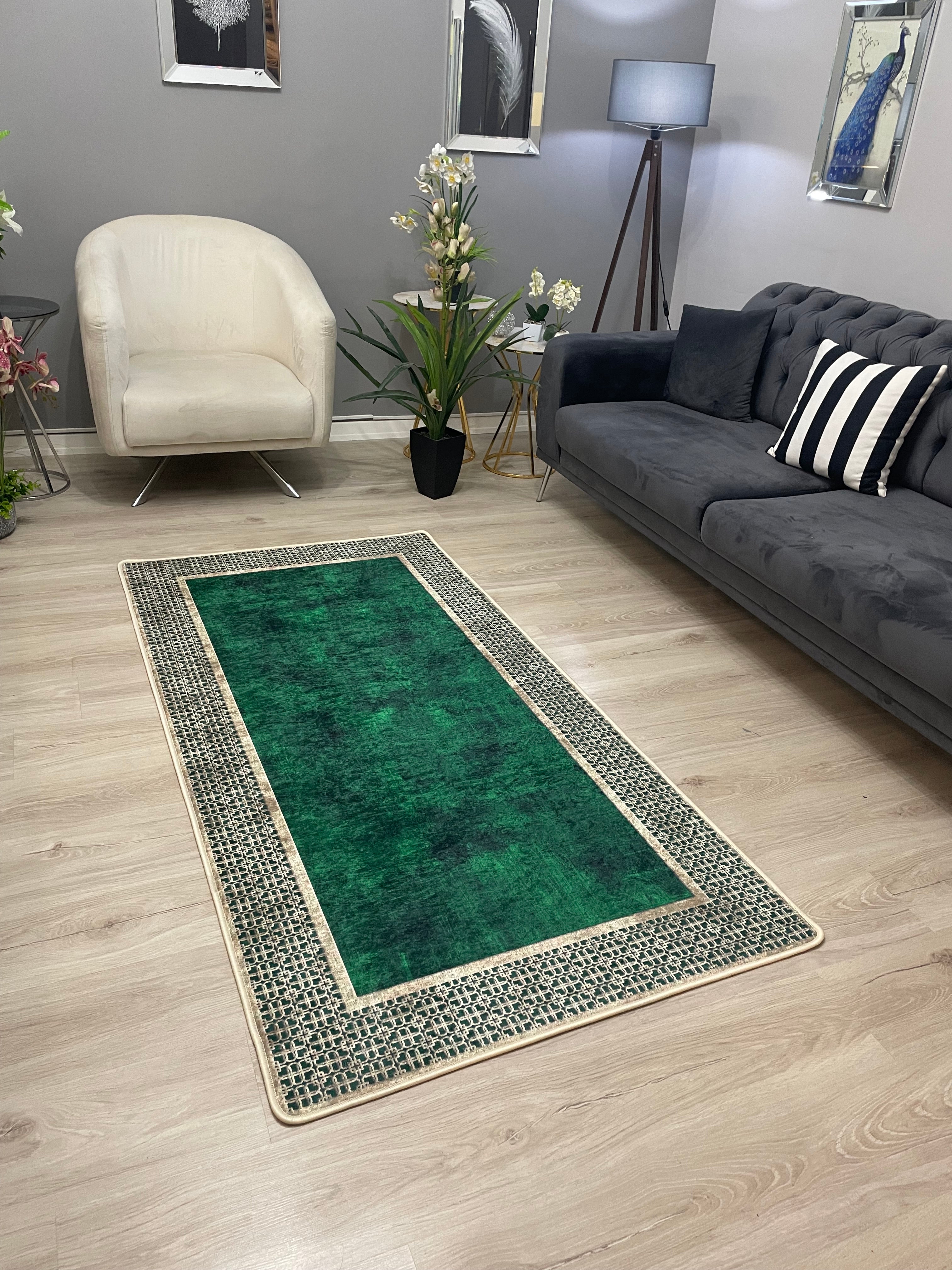MENARİ BOLD YEŞİL - %100 Pamuk Dokuma Taban Makinede Yıkanabilir Kaymaz Halı