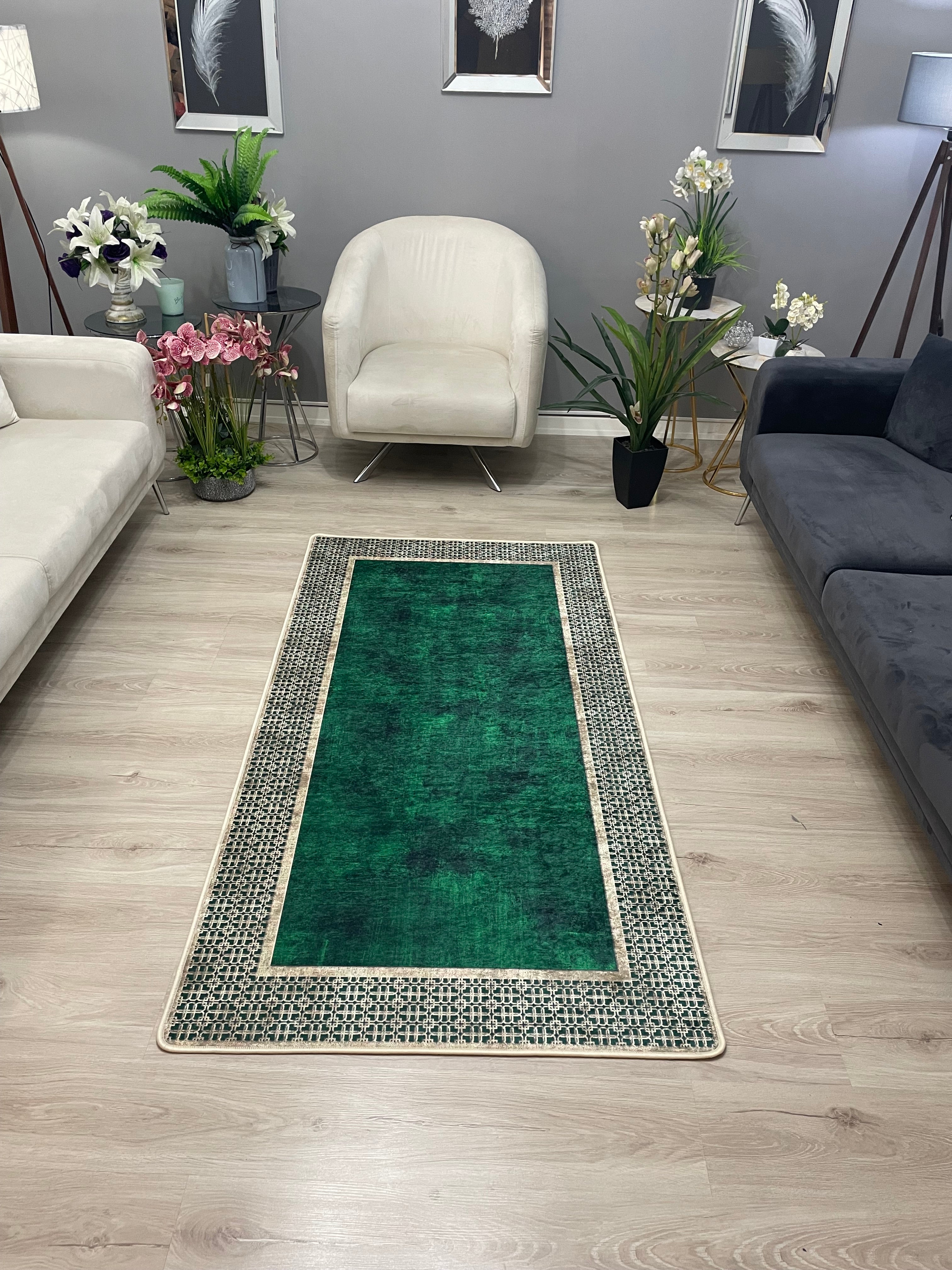 MENARİ BOLD YEŞİL - %100 Pamuk Dokuma Taban Makinede Yıkanabilir Kaymaz Halı