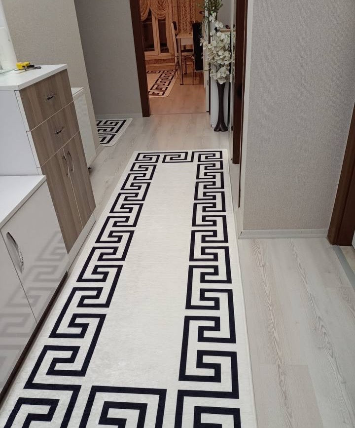 CHAİN BEYAZ - %100 Pamuk Dokuma Taban Makinede Yıkanabilir Kaymaz Halı