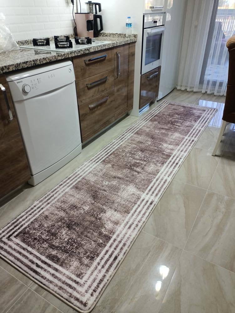 HOVEN KAHVE - %100 Pamuk Dokuma Taban Makinede Yıkanabilir Kaymaz Halı