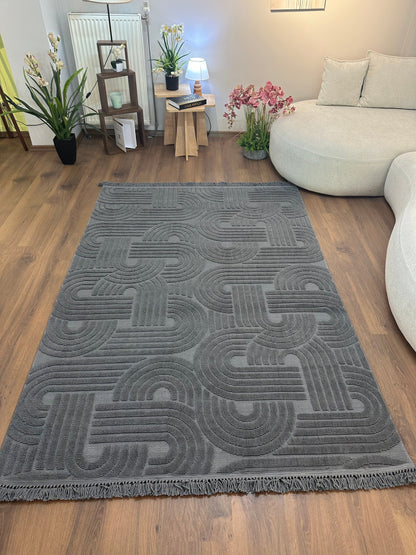 MİLAS C16-ANTRASİT Kabartmalı Modern Geometrik Desenli Salon Koridor Mutfak Halısı