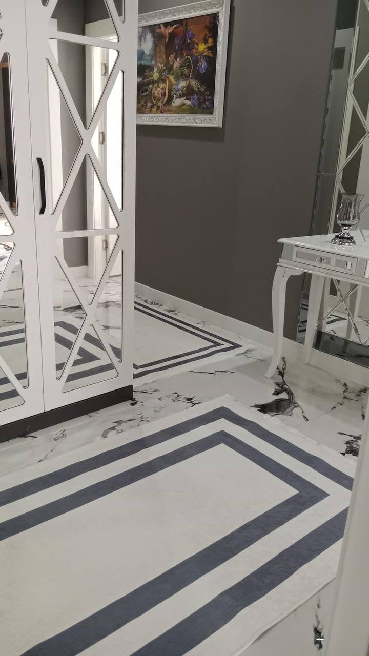 FRAME GRİ - %100 Pamuk Dokuma Taban Makinede Yıkanabilir Kaymaz Halı