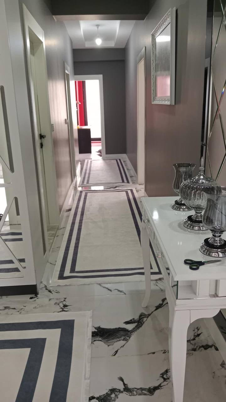 FRAME GRİ - %100 Pamuk Dokuma Taban Makinede Yıkanabilir Kaymaz Halı