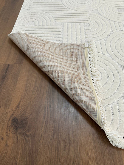 MİLAS C40 KREM Kabartmalı Kaymaz Taban Modern Geometrik Desenli Salon Koridor Mutfak Halısı-KP