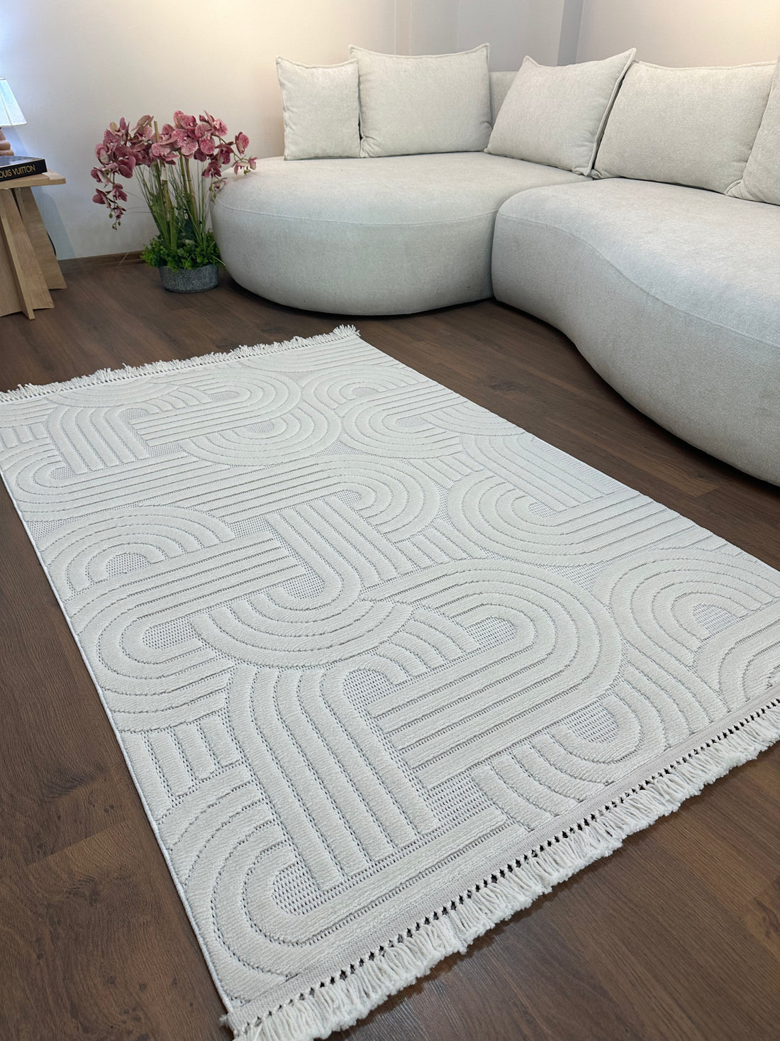 MİLAS C40 KREM Kabartmalı Kaymaz Taban Modern Geometrik Desenli Salon Koridor Mutfak Halısı-KP