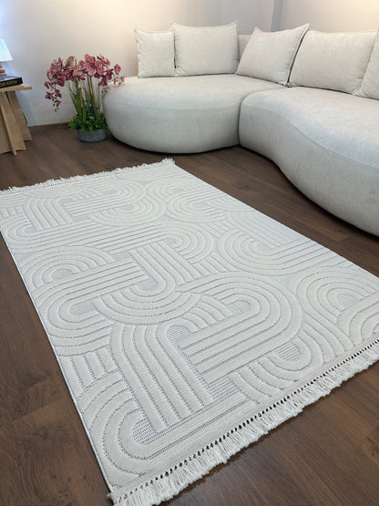 MİLAS C40 KREM Kabartmalı Kaymaz Taban Modern Geometrik Desenli Salon Koridor Mutfak Halısı-KP
