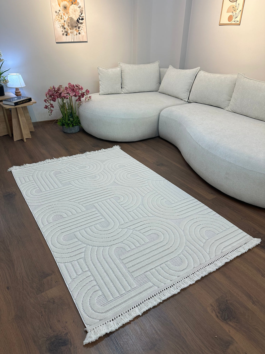 MİLAS C40 KREM Kabartmalı Kaymaz Taban Modern Geometrik Desenli Salon Koridor Mutfak Halısı-KP