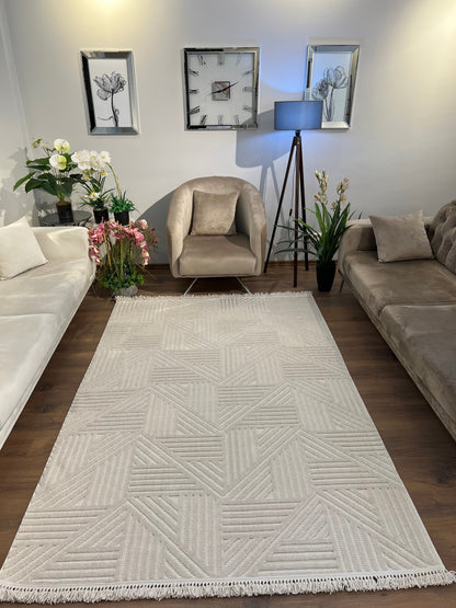 MİLAS C14-BEJ Kabartmalı Modern Geometrik Desenli Salon Koridor Mutfak Halısı
