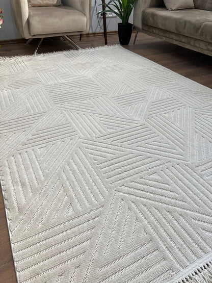 MİLAS C14-BEJ Kabartmalı Modern Geometrik Desenli Salon Koridor Mutfak Halısı